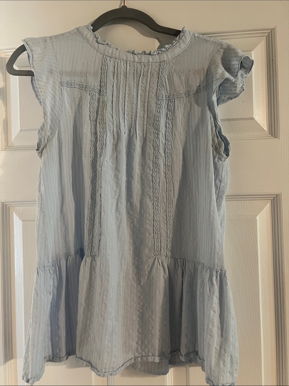 Doe & Rae Light Blue Ruffle Sleeve Pintuck Peplum Blouse